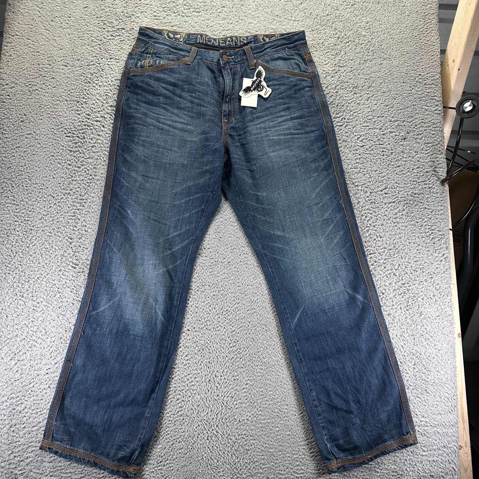 Mojeans Jeans Men 38x35 Blue Cotton Denim Bootcut Leg Baggy Faded Western Cowboy
